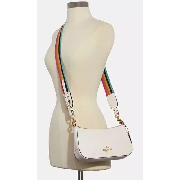 Coach Jess Baguette Pebble Leather Rainbow Strap Crossbody Bag White - Picture 2 of 16